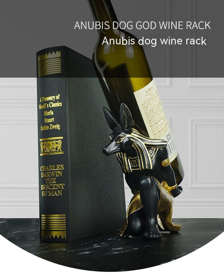Anubis Dog-God wine rack ornament by WoodyKitchenware, featuring a detailed resin statue of the mystical jackal-headed deity.