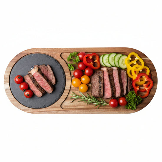 Rustic rectangular wooden serving tray by WoodyKitchenware, ideal for sushi, pastries, desserts, and steaks, with a natural finish.