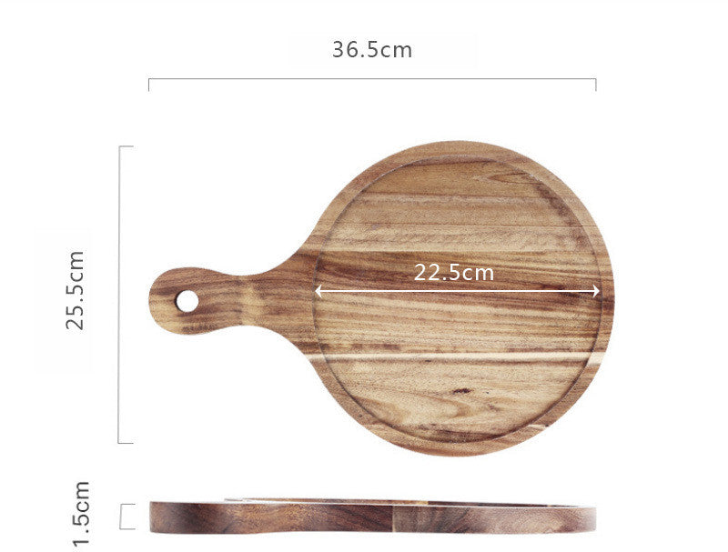 Rustic rectangular wooden serving tray by WoodyKitchenware, ideal for sushi, pastries, desserts, and steaks, with a natural wood finish.