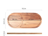 Rustic rectangular wooden serving tray by WoodyKitchenware, ideal for sushi, pastries, desserts, and steaks, with a natural wood finish.
