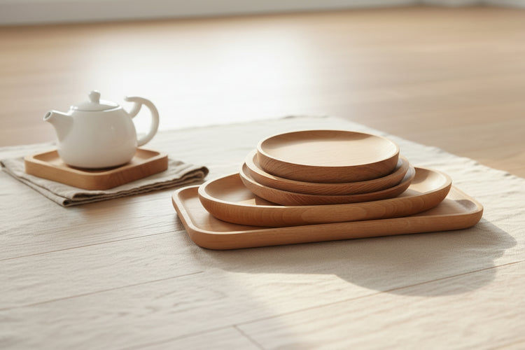 Wooden plate suit by WoodyKitchenware, featuring a set of natural wood plates with smooth, rounded edges for serving food.