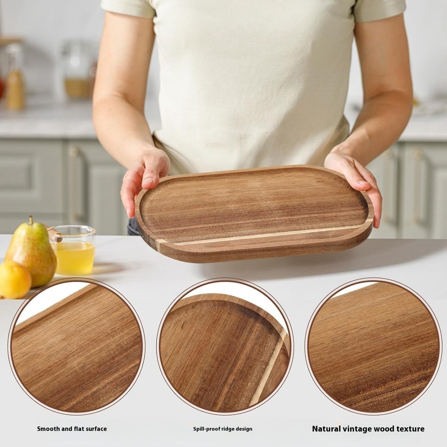 Large acacia wood tray by WoodyKitchenware, rectangular Kyoto design, solid timber serving tray with natural wood grain.