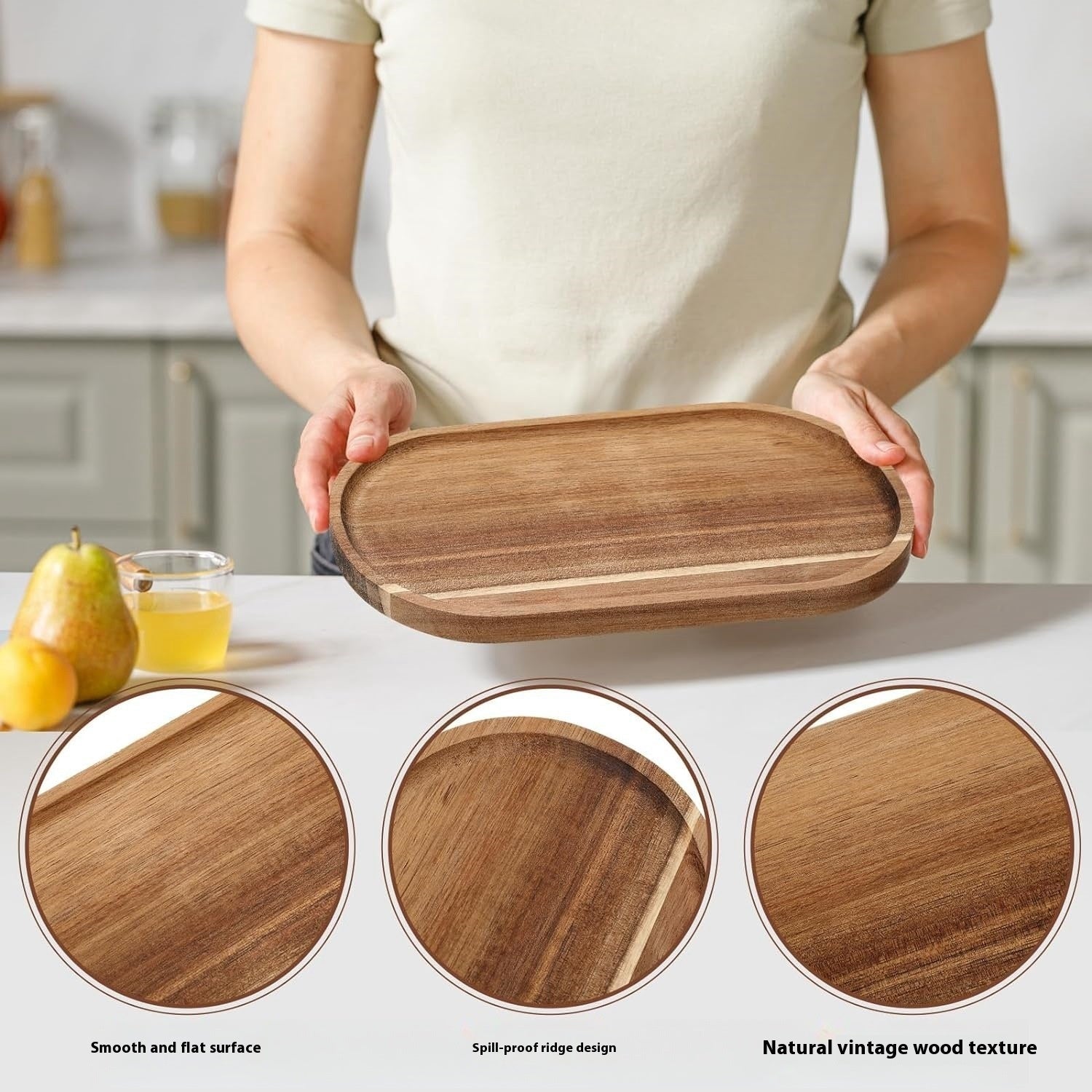 Large acacia wood tray by WoodyKitchenware, rectangular Kyoto design, solid timber serving tray with natural wood grain.