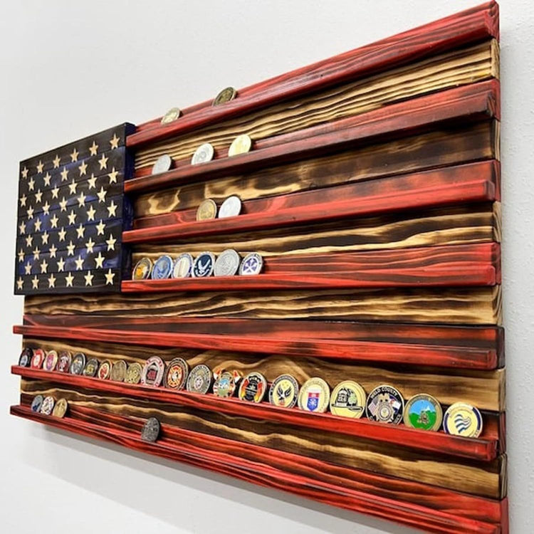 Wooden craftwork decoration with patriotic flag holder celebrating 250th anniversary, crafted by WoodyKitchenware, featuring detailed wood design.