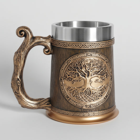 Stainless steel resin mug called the Eternal Root Tankard by WoodyKitchenware, featuring a solid steel and resin design.