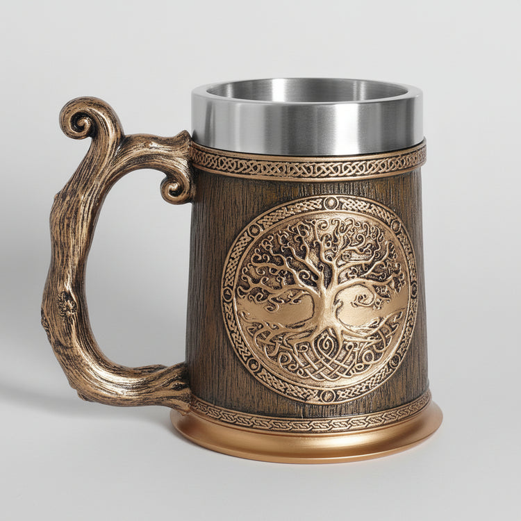 Stainless steel resin mug called the Eternal Root Tankard by WoodyKitchenware, featuring a solid steel and resin design.