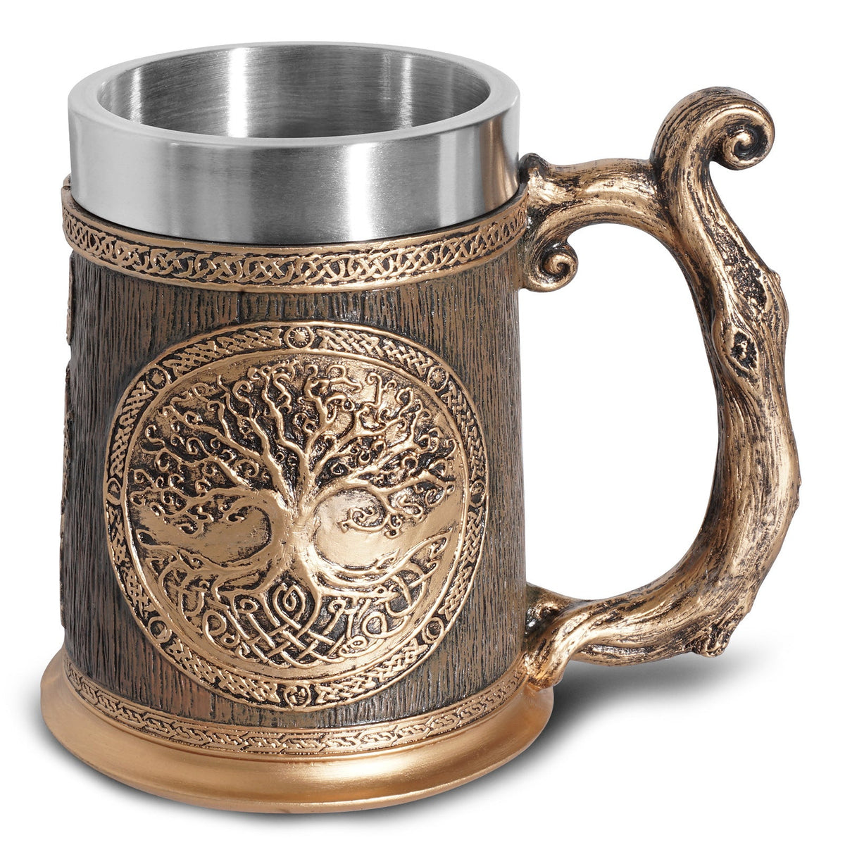 Stainless steel resin mug called the Eternal Root Tankard by WoodyKitchenware, featuring a durable steel and artistic resin design.