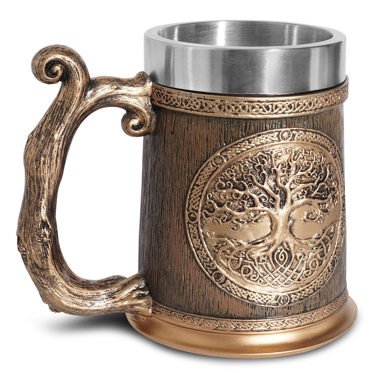 Stainless steel resin mug called the Eternal Root Tankard by WoodyKitchenware, featuring a durable steel body with resin accents.