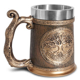 Stainless steel resin mug called the Eternal Root Tankard by WoodyKitchenware, featuring a durable steel body with resin accents.