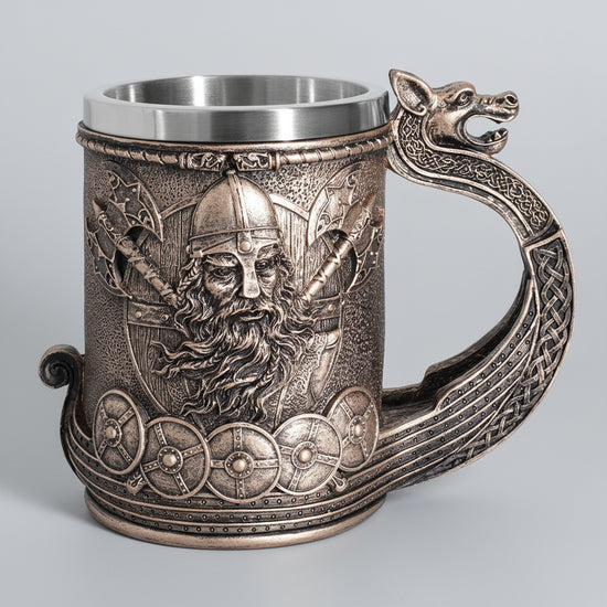 Handcrafted Viking Pirate beer mug by WoodyKitchenware featuring baroque nautical design and detailed Viking ship engraving.