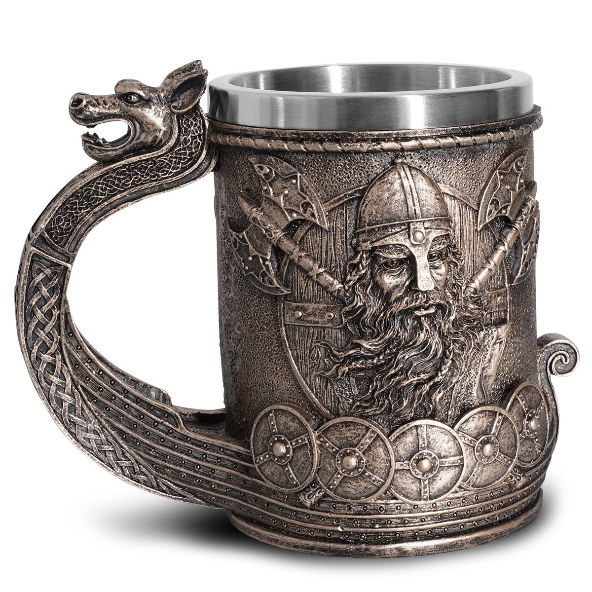 Handcrafted Viking Pirate Beer Mug by WoodyKitchenware featuring baroque nautical design and detailed Viking ship motif.