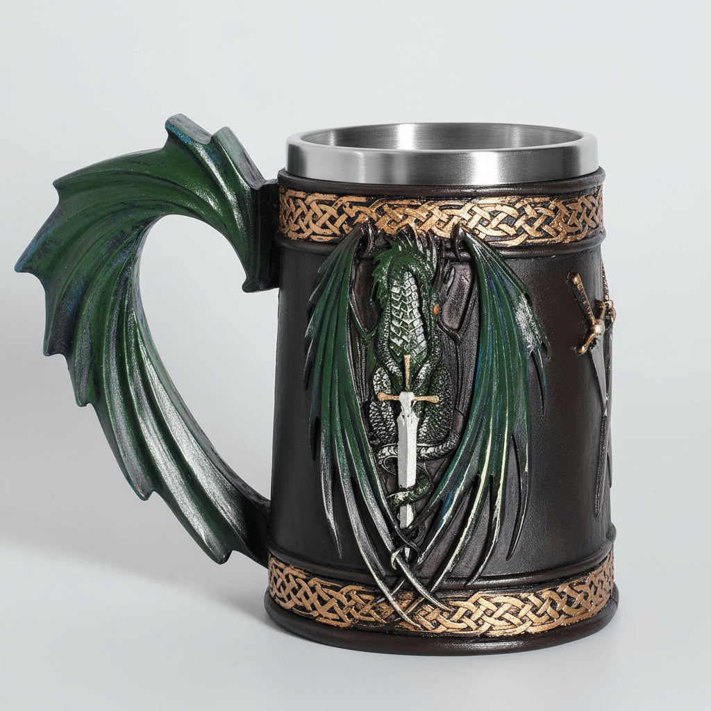 Viking beer mug by WoodyKitchenware featuring a detailed resin and stainless steel tankard with Viking-themed design.
