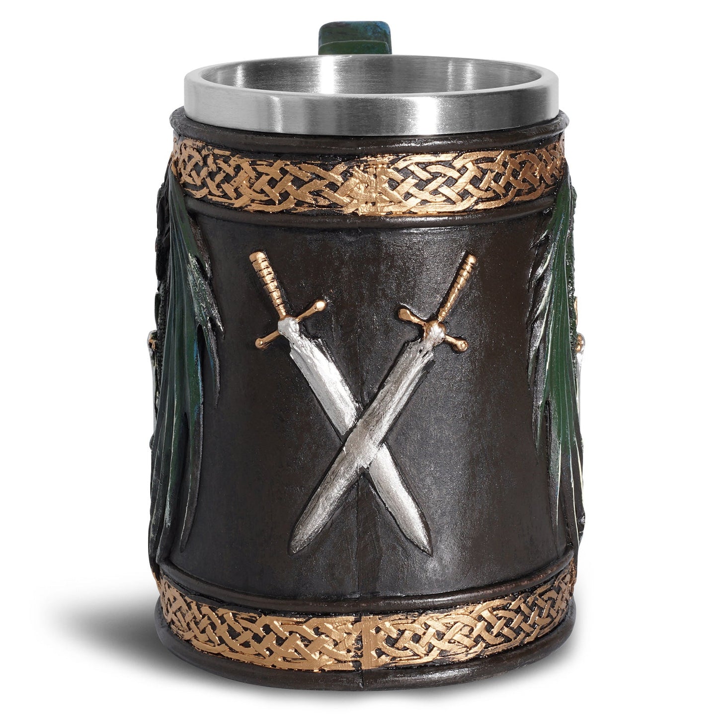 Viking Beer Mug by WoodyKitchenware featuring a resin and stainless steel tankard with Norse dragon design and detailed craftsmanship.