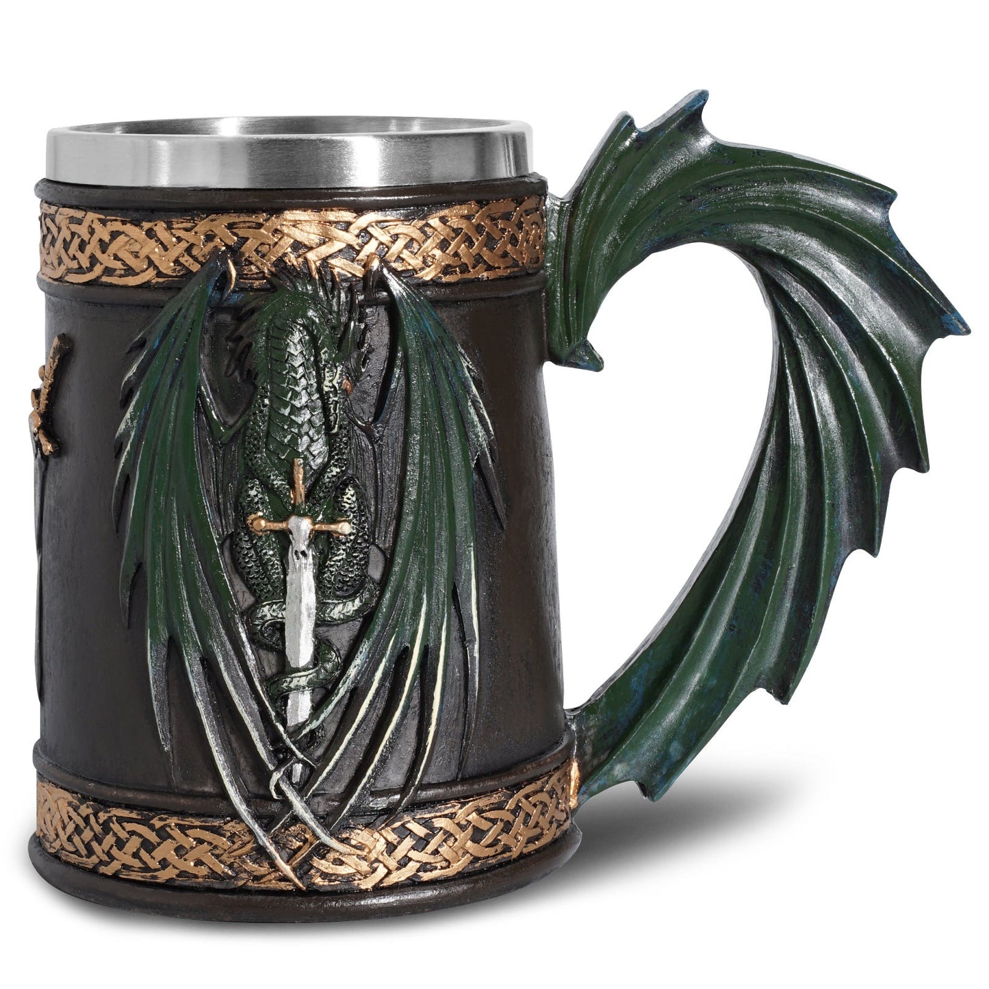 Viking beer mug by WoodyKitchenware featuring Drake's Maw tankard design, made of resin and stainless steel, suitable for beverages.