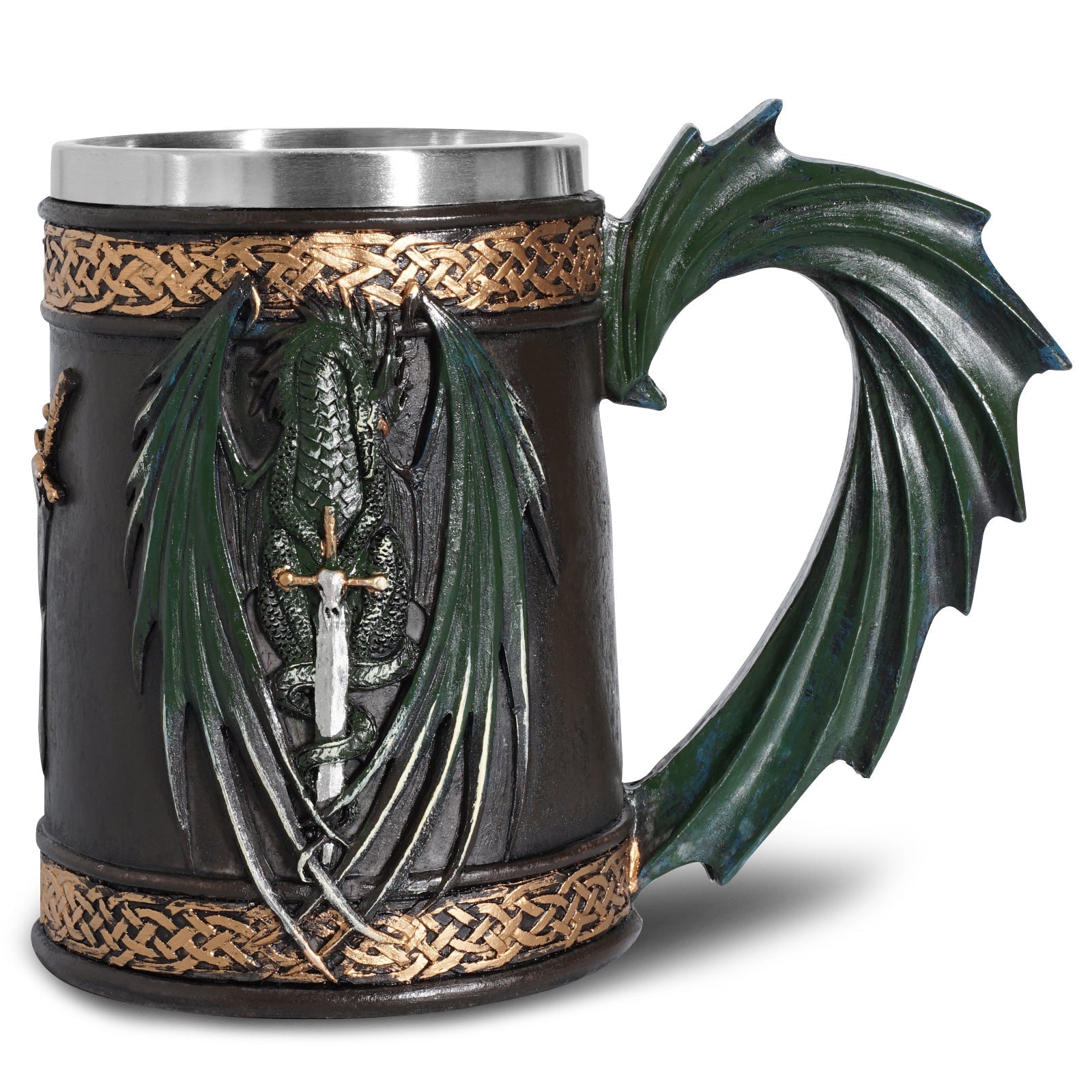 Viking beer mug by WoodyKitchenware featuring Drake's Maw tankard design, made of resin and stainless steel, suitable for beverages.