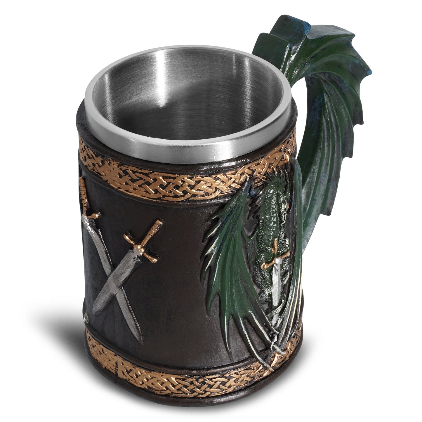 Viking beer mug by WoodyKitchenware with a detailed resin and stainless steel tankard featuring Norse-inspired design.