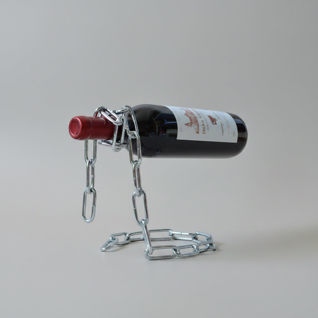 Wrought iron chain red wine shelf by WoodyKitchenware, European style wine bottle display with hanging design, black finish.