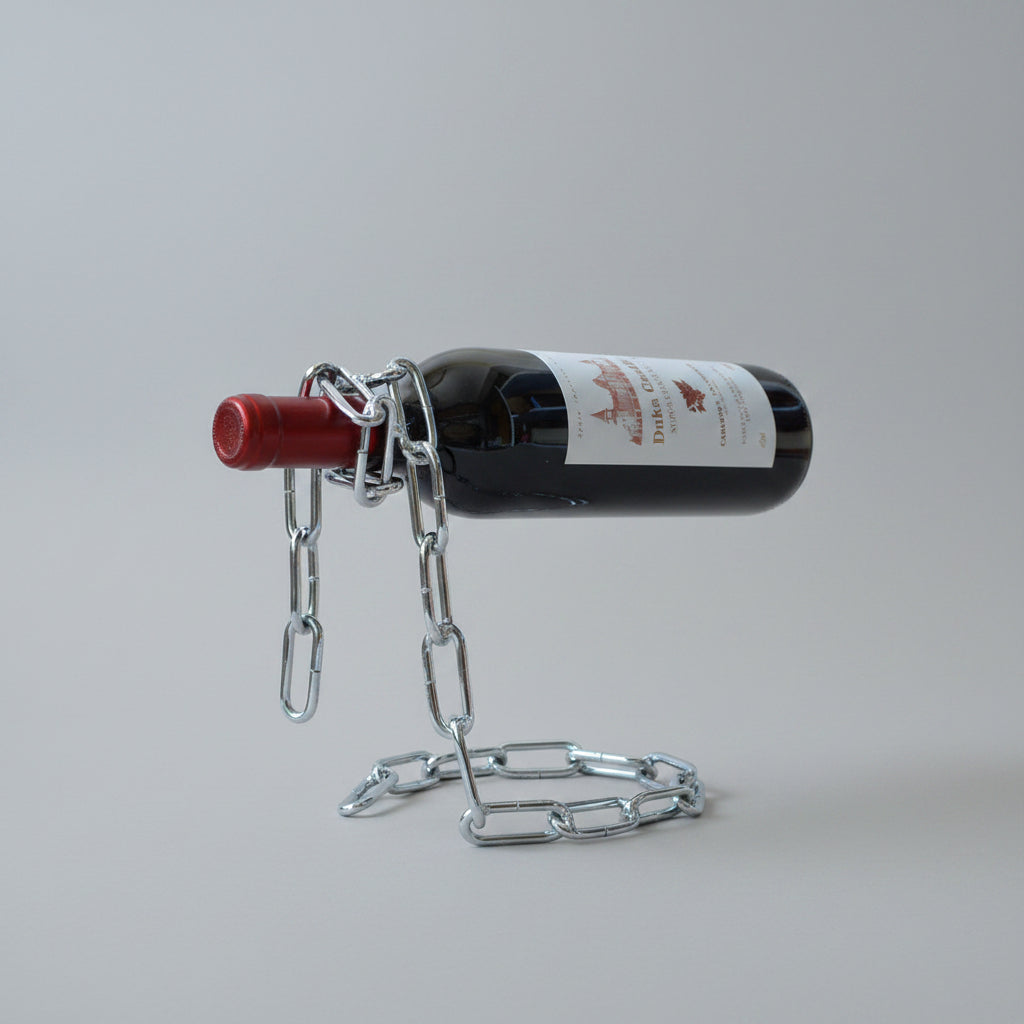 Suspended wrought iron chain red wine shelf by WoodyKitchenware, European style wine bottle holder with decorative iron design.