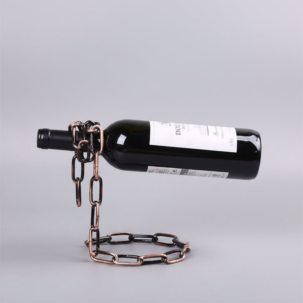 Suspended wrought iron chain red wine shelf by WoodyKitchenware, European-style wine bottle holder with decorative iron design.