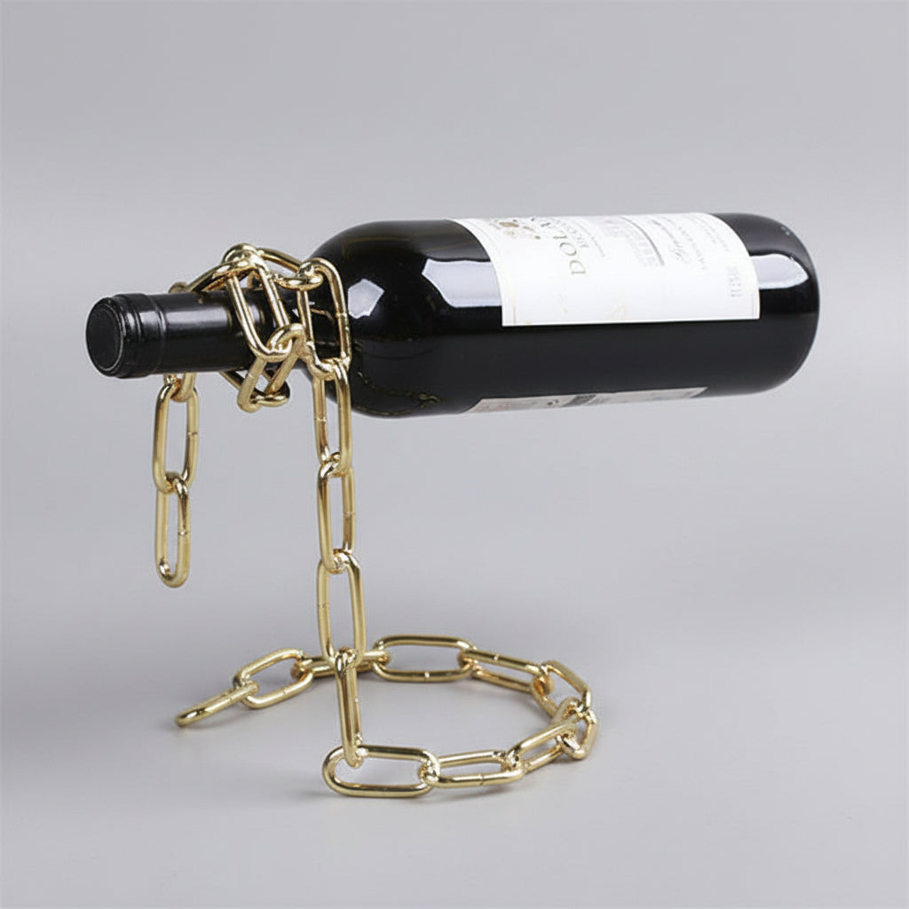 Suspended wrought iron chain red wine shelf by WoodyKitchenware, European style wine bottle holder with decorative iron design.