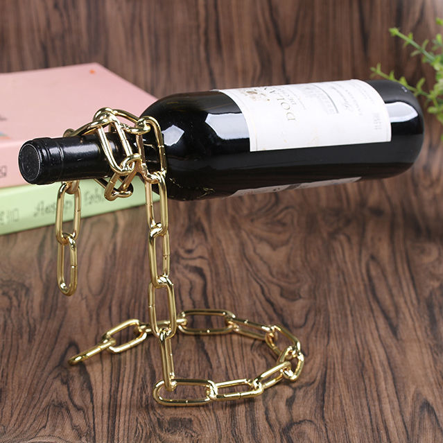 Wrought iron red wine shelf with suspended chain, European style wine bottle holder by WoodyKitchenware, decorative kitchen display.
