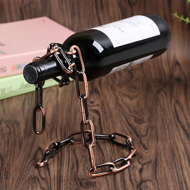 Suspended wrought iron chain wine shelf by WoodyKitchenware, European style for decorative wine bottle display in a kitchen or bar area.