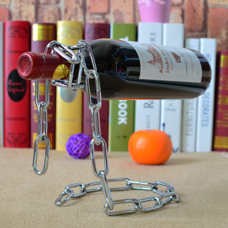 Wrought iron suspended red wine shelf with chain, European style wine bottle holder, handcrafted by WoodyKitchenware.