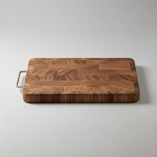 Double-sided wooden chopping board with handle, featuring large square surface and dual-surface design by WoodyKitchenware.