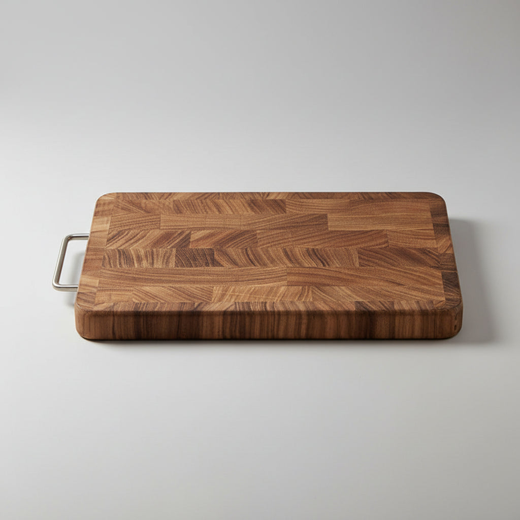 Double-sided wooden chopping board with handle, featuring large square surface and dual-surface design by WoodyKitchenware.