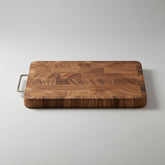 Double-sided wooden chopping board with handle, featuring large square surface and dual-surface design by WoodyKitchenware.