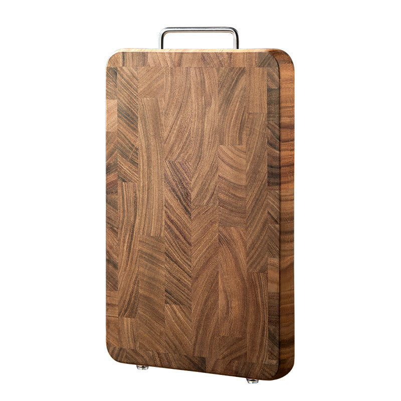 Double-sided wooden chopping board with handle, featuring a large square design and dual surfaces for versatile food prep.