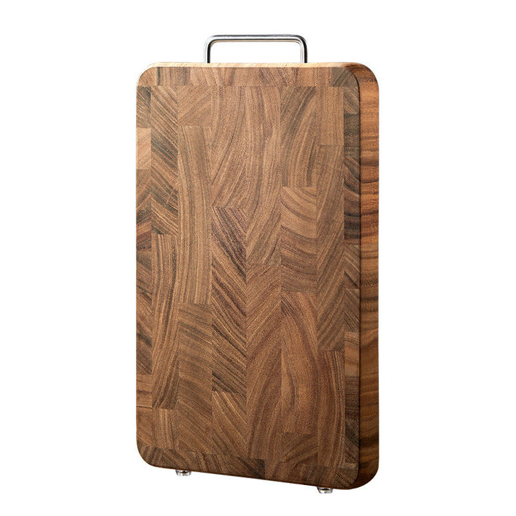 Double-sided wooden chopping board with handle, featuring a large square design and dual surfaces for versatile food prep.
