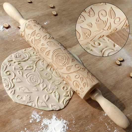 Wooden Valentine's Day Roses rolling pin by Woody's Rituals, featuring carved rose patterns for baking and crafting.