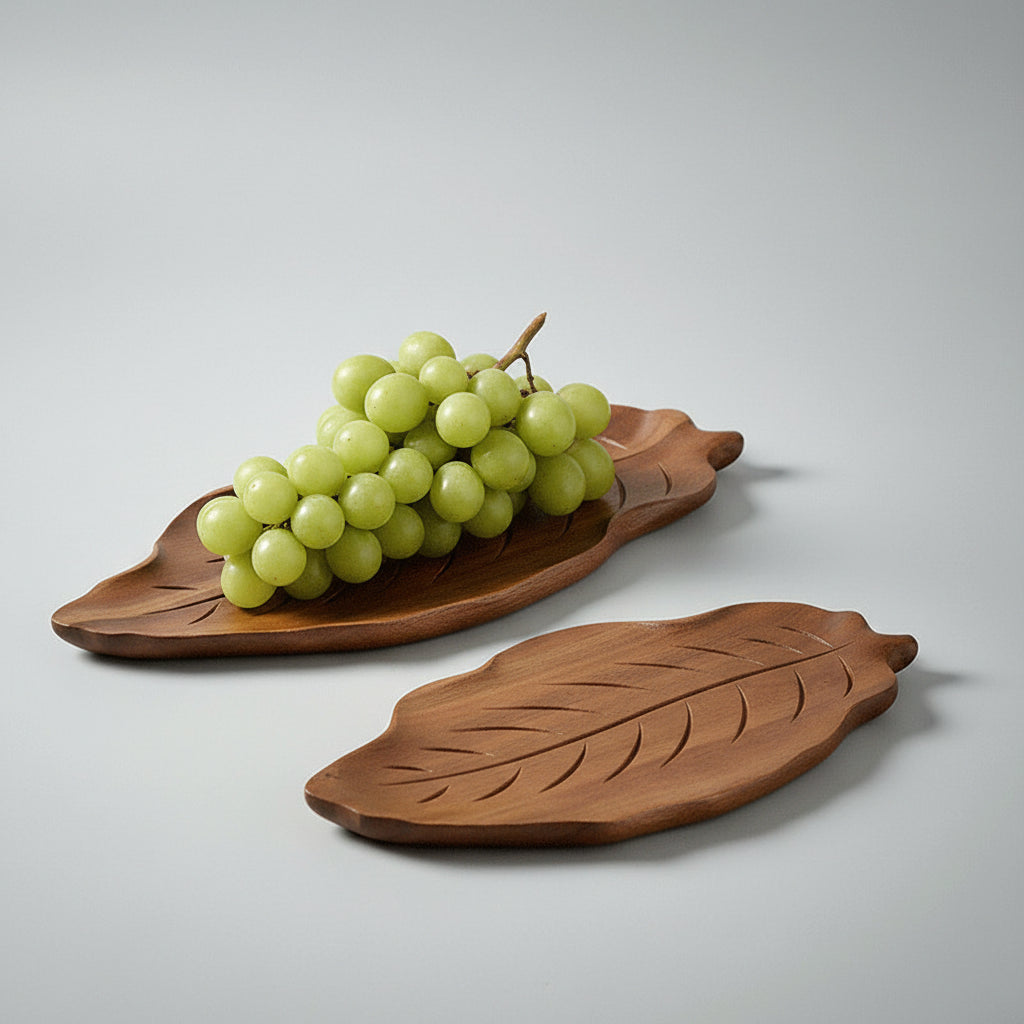 Wooden leaf tray by WoodyKitchenware featuring rustic pallet-style design and hand-painted leaf pattern for serving or decor.