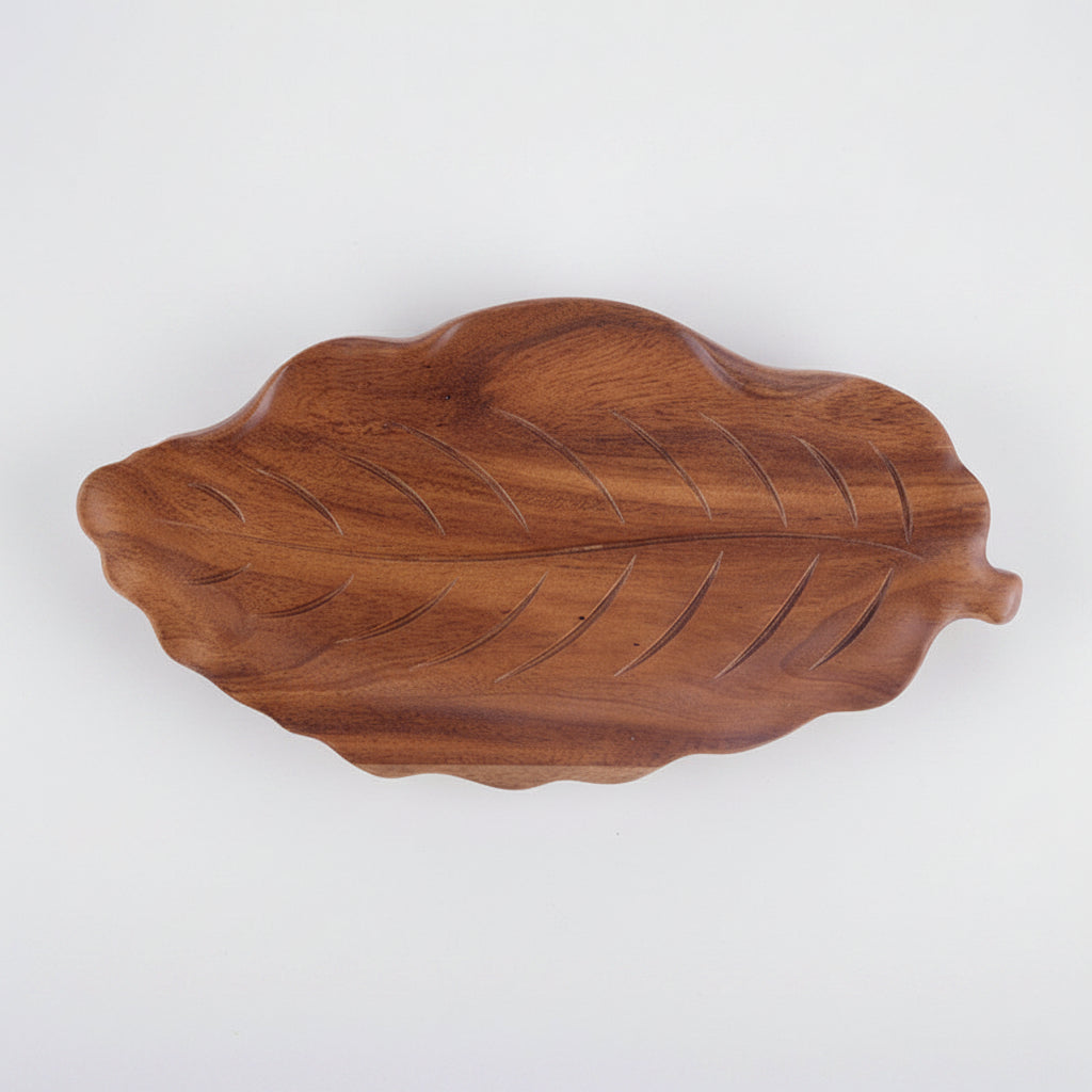 Rustic wooden leaf tray by WoodyKitchenware, handcrafted pallet-style serving board with hand-painted leaf design.