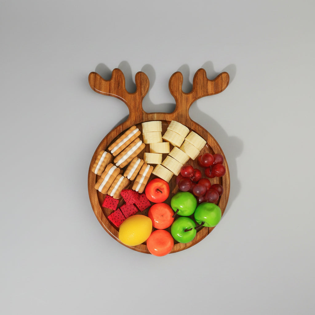 Christmas wooden tray with antlers handle by WoodyKitchenware, featuring a log color finish, festive holiday decor and functional design.