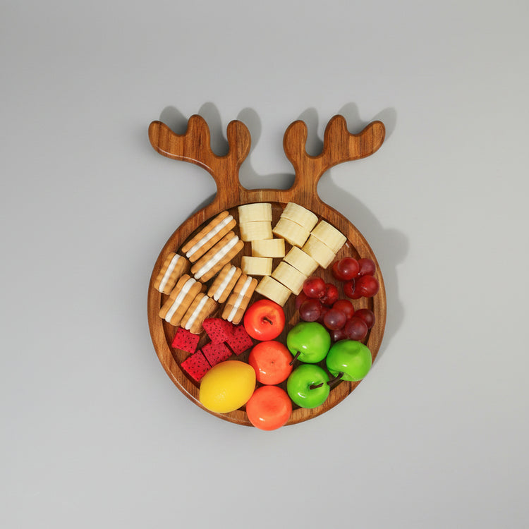 Christmas wooden tray with antlers handle by WoodyKitchenware, featuring a log color finish, festive holiday decor and functional design.