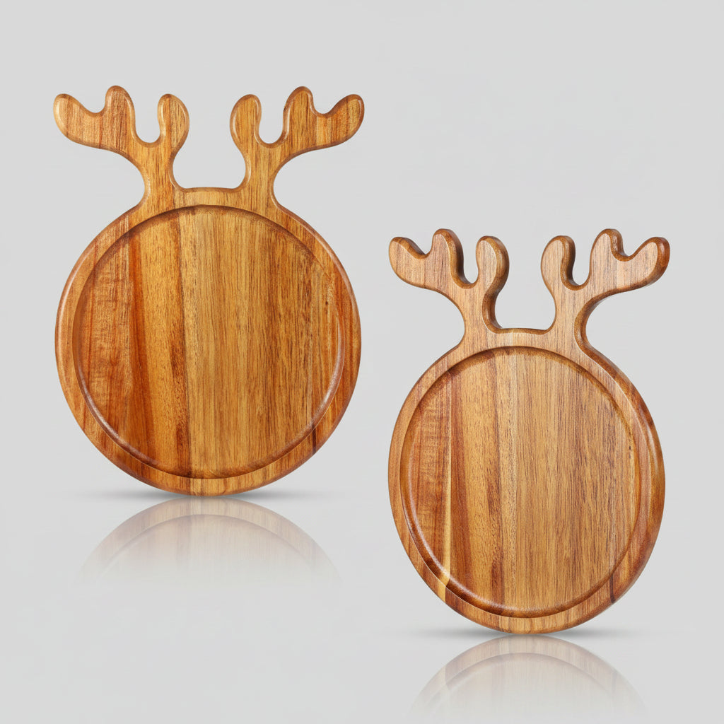 Christmas wooden tray with antlers handle by WoodyKitchenware, featuring a natural log color and festive holiday design.