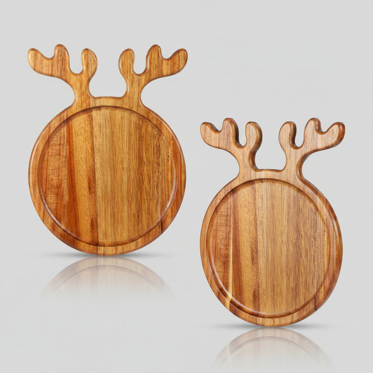 Christmas wooden tray with antlers handle by WoodyKitchenware, featuring a natural log color and festive holiday design.