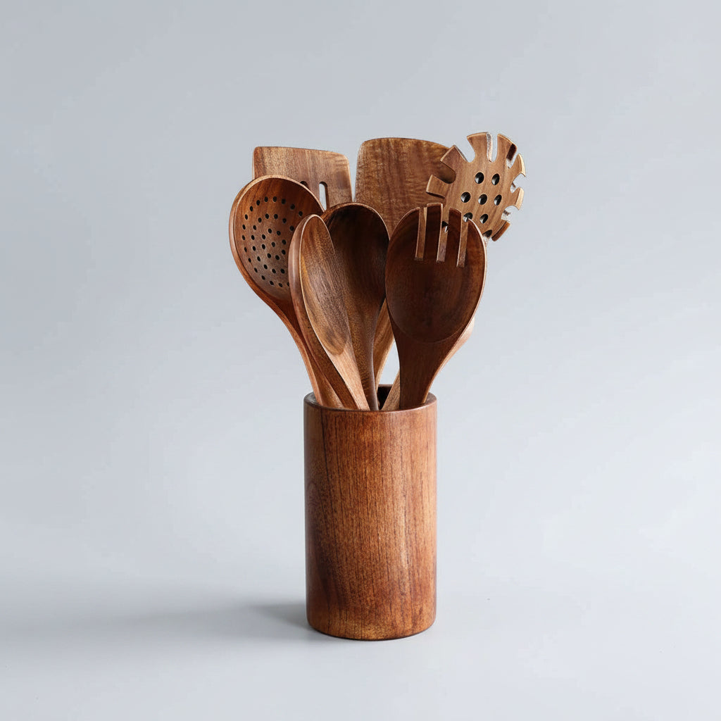 Wooden kitchenware set with teak long handle spoon, wooden colander, and non-stick spatula from WoodyKitchenware.