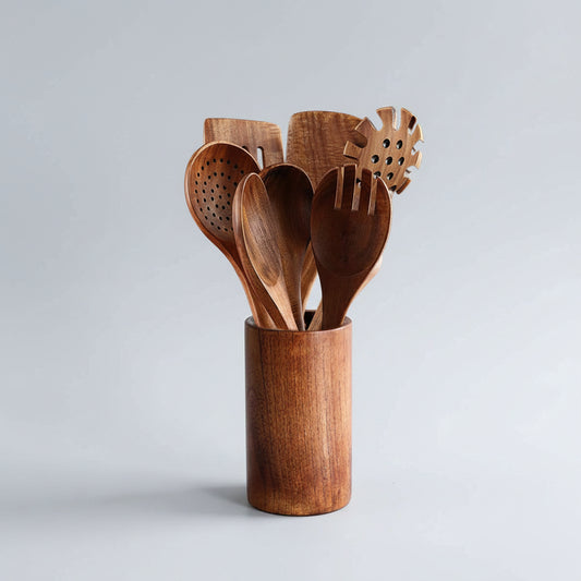 Wooden kitchenware set with teak long handle spoon, wooden colander, and non-stick spatula from WoodyKitchenware.