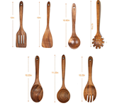 Wooden kitchenware set with teak long handle spoon, wooden colander, and non-stick spatula from WoodyKitchenware.