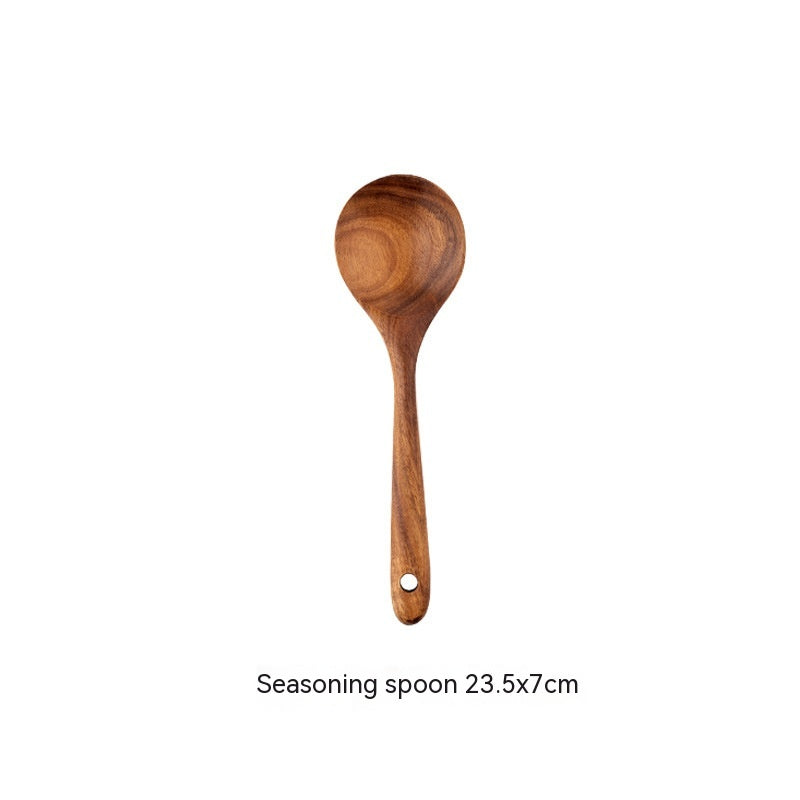 Wooden kitchenware set includes teak long handle spoon, wooden colander, and non-stick spatula from WoodyKitchenware.