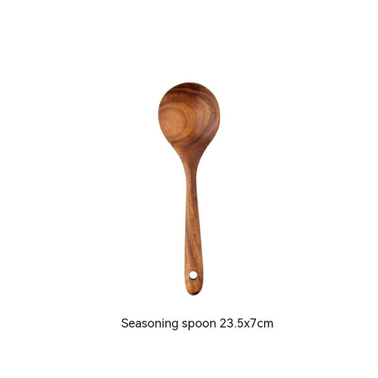 Wooden kitchenware set includes teak long handle spoon, wooden colander, and non-stick spatula from WoodyKitchenware.