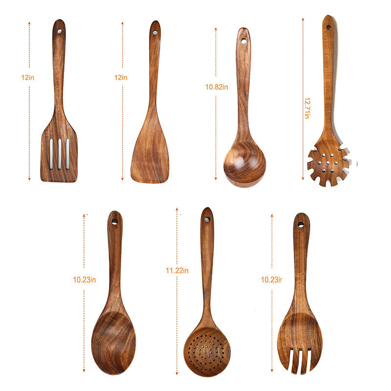Wooden kitchenware set with teak long handle spoon, wooden colander, and non-stick spatula from WoodyKitchenware.