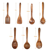 Wooden kitchenware set with teak long handle spoon, wooden colander, and non-stick spatula from WoodyKitchenware.