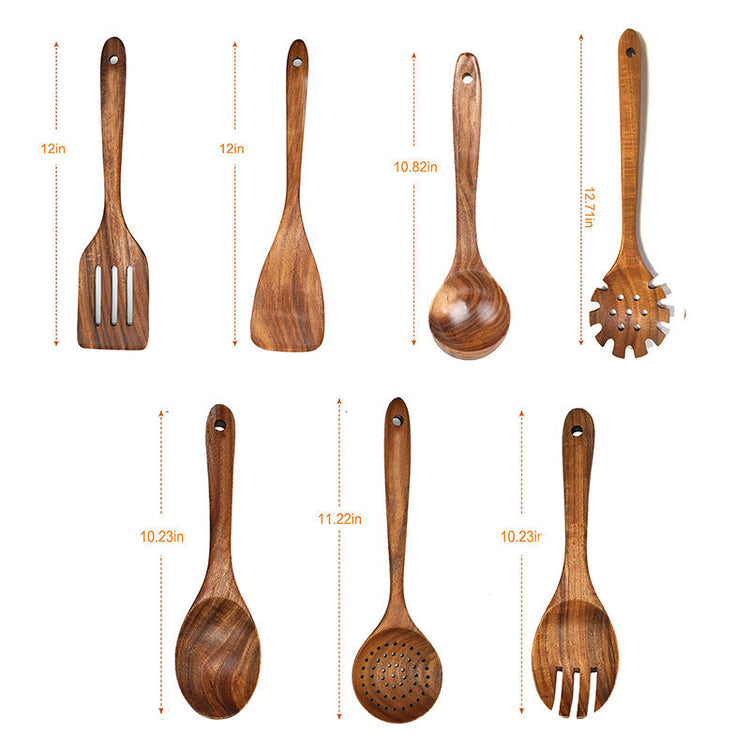 Wooden kitchenware set with teak long handle spoon, wooden colander, and non-stick spatula from WoodyKitchenware.