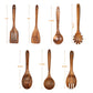Wooden kitchenware set with teak long handle spoon, wooden colander, and non-stick spatula from WoodyKitchenware.