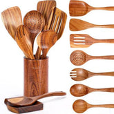 Wooden kitchenware set with teak long handle spoon, wooden colander, and non-stick spatula from WoodyKitchenware.