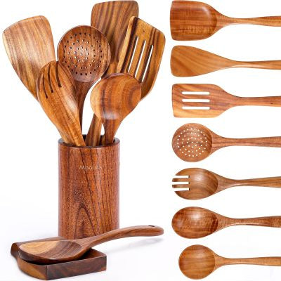 Wooden kitchenware set with teak long handle spoon, wooden colander, and non-stick spatula from WoodyKitchenware.